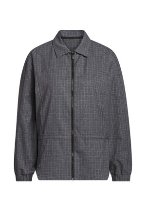 Grå lynlåsjakke med diskret ternet mønster, lange ærmer, elastiske manchetter og spids krave.