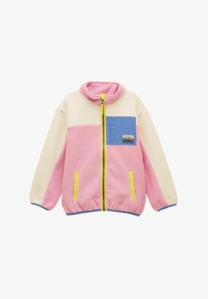 Fleece jacket with cream sleeves, pink body, blue chest pocket, yellow zipper and pocket trims, elastic hem, and collar.