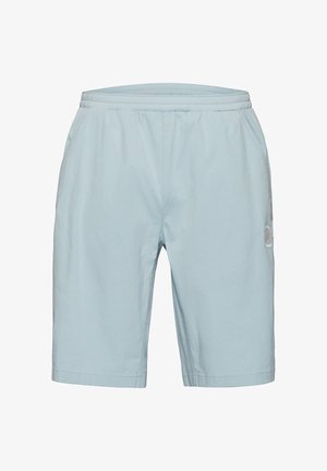 Pantaloncini azzurri fino al ginocchio con vita elasticizzata e tasche laterali, caratterizzati da un piccolo logo rotondo sulla gamba destra.