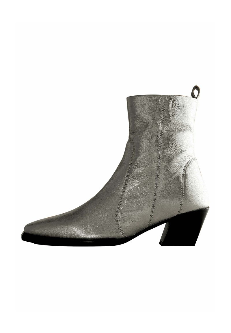 Botas de tobillo plateadas con punta afilada, acabado texturizado y un tacón de bloque de altura media. Presenta detalles de costura vertical y una lengüeta.