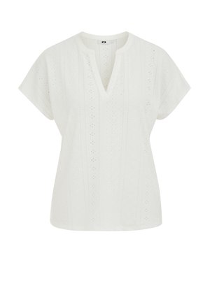 Biała bluzka z krótkim rękawem z haftem ażurowym, dekoltem z rozcięciem i luźnym krojem.