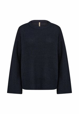 Pull en tricot bleu marine foncé à manches longues et col rond, présentant un motif gaufré texturé ainsi que des poignets et un ourlet côtelés.