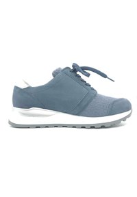 Blue suede sneaker with textured paneling, lace-up design, silver accents on the sole, and a cushioned heel for support.