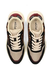 Sneaker beige e nere con un accento a stampa leopardata, parte superiore in rete, lacci crema, suola in gomma e linguetta sul tallone bordeaux. Taglia 38.