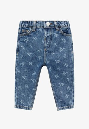 Jeans iz denima z lahkim modrim cvetličnim vzorcem, s elastičnim pasom, petimi žepi in kontrastnimi šivi.