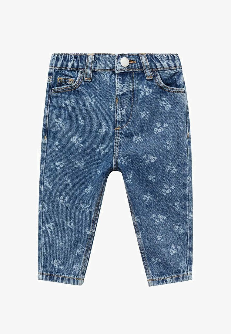 Jeans iz denima z lahkim modrim cvetličnim vzorcem, s elastičnim pasom, petimi žepi in kontrastnimi šivi.