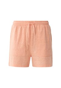 Shorts décontractés couleur pêche douce avec une ceinture élastique et un cordon, dotés de deux poches plaquées à l'avant.