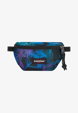 Black Eastpak waist bag with blue and purple floral pattern, zip closure with dual pull tabs, and adjustable side strap.