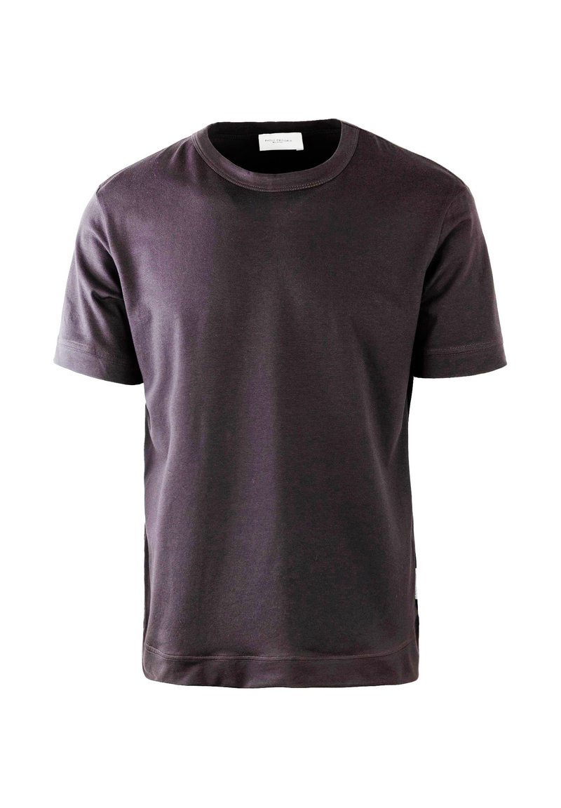 T-shirt corto viola scuro in cotone, con colletto a girocollo e spacco laterale all'orlo. Tessuto testurizzato con finitura liscia.