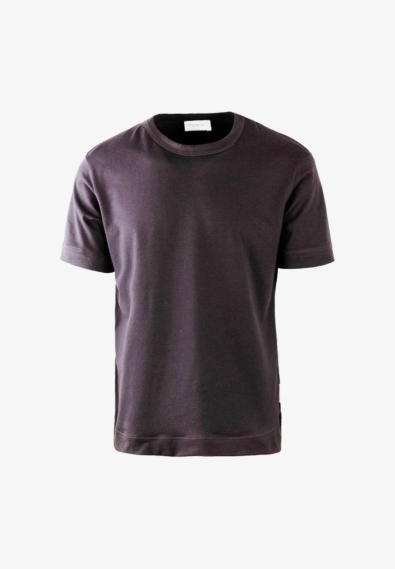 T-shirt corto viola scuro in cotone, con colletto a girocollo e spacco laterale all'orlo. Tessuto testurizzato con finitura liscia.