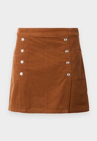 Brown corduroy skirt with a fitted waist, five metallic buttons on the left side, and two front pockets. Smooth texture with vertical ribbing.