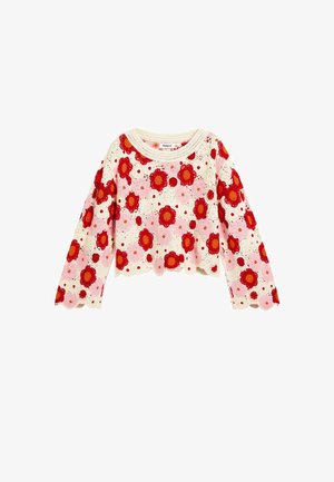 Crocheted long-sleeve sweater with pink and red floral patterns, scalloped edges, and a round neckline.