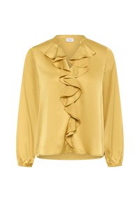 Gelbe Satinbluse mit gerafftem Vorderteil, langen Ärmeln und V-Ausschnitt. Hat elastische Bündchen und eine glatte, glänzende Textur.