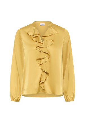 Blusa di raso giallo con un morbido drappeggio frontale, maniche lunghe e scollatura a V. Presenta polsini elasticizzati e una consistenza liscia e lucente.