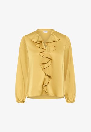 Sárga selyemblúz fodros elülső résszel, hosszú ujjakkal és V-nyakkal. Rugalmas mandzsettával és sima, fénylő textúrával rendelkezik.