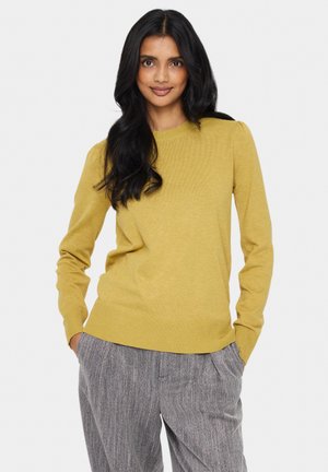Geel gebreid sweater met lange mouwen en een ronde halslijn. Voorzien van geribbelde manchetten en zoom, gecombineerd met grijze tekstuurtaille.