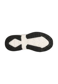 Schwarze Gummilaufsohle mit weißem Zwischensohlen. Strukturiertes Design mit Rillen und Mustern für Traktion. Abgerundete Ferse und stromlinienförmige Form.