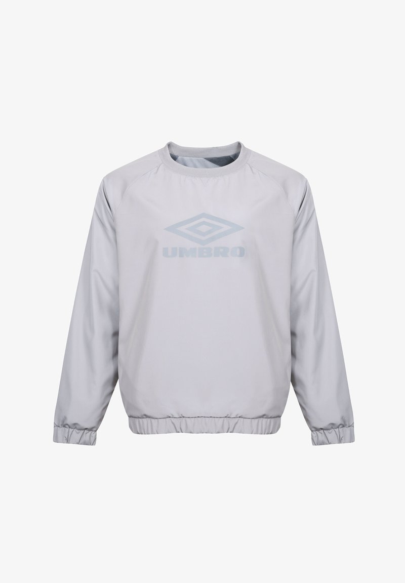 Light gray pullover with a round neckline and ribbed cuffs. Features an embossed Umbro logo on the front and a smooth, shiny texture.