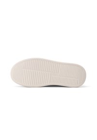 Suola di scarpa in gomma beige chiaro con scanalature orizzontali e verticali per aderenza, forma arrotondata, texture liscia e un piccolo dettaglio del logo.