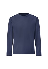 Marineblaue Langarmbluse aus weichem Stoff mit Rundhalsausschnitt und bequemer Passform. Glatte Textur ohne sichtbare Muster oder Akzente.