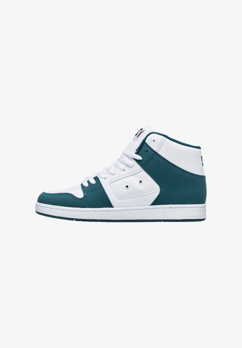 High-top sneakers featuring a white upper with teal accents, smooth synthetic material, round toe, and flat rubber sole. Two eyelet details.