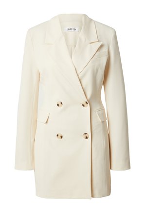 Doppelt geknöpfter Creme-Blazer mit Reverskragen, goldfarbenen Knöpfen und zwei Fronttaschen; strukturiertes Design mit leicht übergroßer Passform.