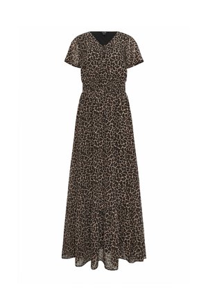 Vestido maxi con mangas cortas, cintura fruncida, escote en V y estampado de leopardo en tonos marrón y negro.
