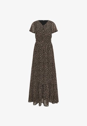 Maximekko, jossa on lyhyet hihat, kerätty vyötärö, V-aukko ja ruskea-musta leopardikuvio.