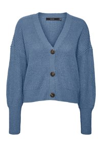 Niebieski dziany kardigan z dekoltem w szpic, pięcioma dużymi brązowymi guzikami, opuszczanymi ramionami, ściągaczami na mankietach i fakturowaną tkaniną.