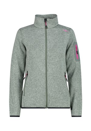 Graue Fleecejacke mit hohem Kragen, durchgehendem Reißverschluss, kontrastierendem grünen Reißverschluss, zwei seitlichen Taschen und einem rosa Akzent am Ärmel.