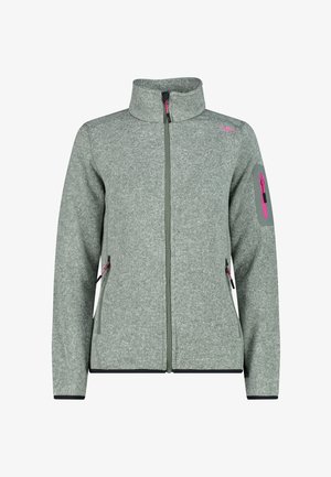 Harmaa fleece-takki, jossa on korkea kaulus, vetoketjulla varustettu etuosa, kontrastivihreä vetoketju, kaksi sivutaskua ja vaaleanpunainen tehosteväri hihassa.