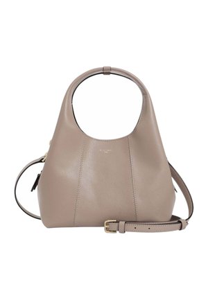 Borsa in pelle taupe con manico arrotondato e tracolla regolabile con fibbia dorata, mostrata su sfondo bianco.