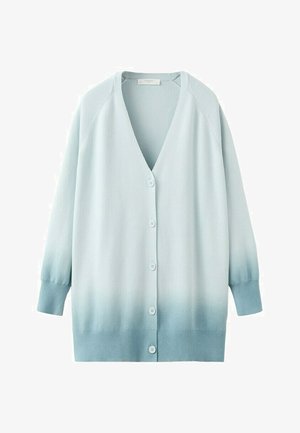 Cardigan cu mâneci lungi, cu un gradient de la albastru deschis la albastru închis, cu decolteu în V și cinci nasturi în față, manșete și tiv striați.
