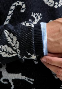 Pull en maille noir avec des motifs animaliers blancs. Les poignets révèlent une chemise habillée rayée bleu clair et blanche en dessous, montrant un contraste de textures.