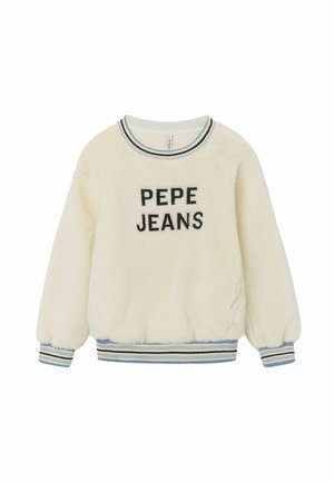 Flødefarvet, fluffy sweatshirt med sort "PEPE JEANS" tekst, stribet ribkrave, manchetter og kant i blå, hvid og sort.
