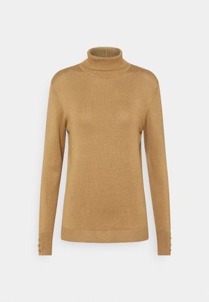 Pull à col roulé marron en matériau doux et léger. Présente des manches longues et des accents à boutons au niveau des poignets. Texture lisse et design ajusté.