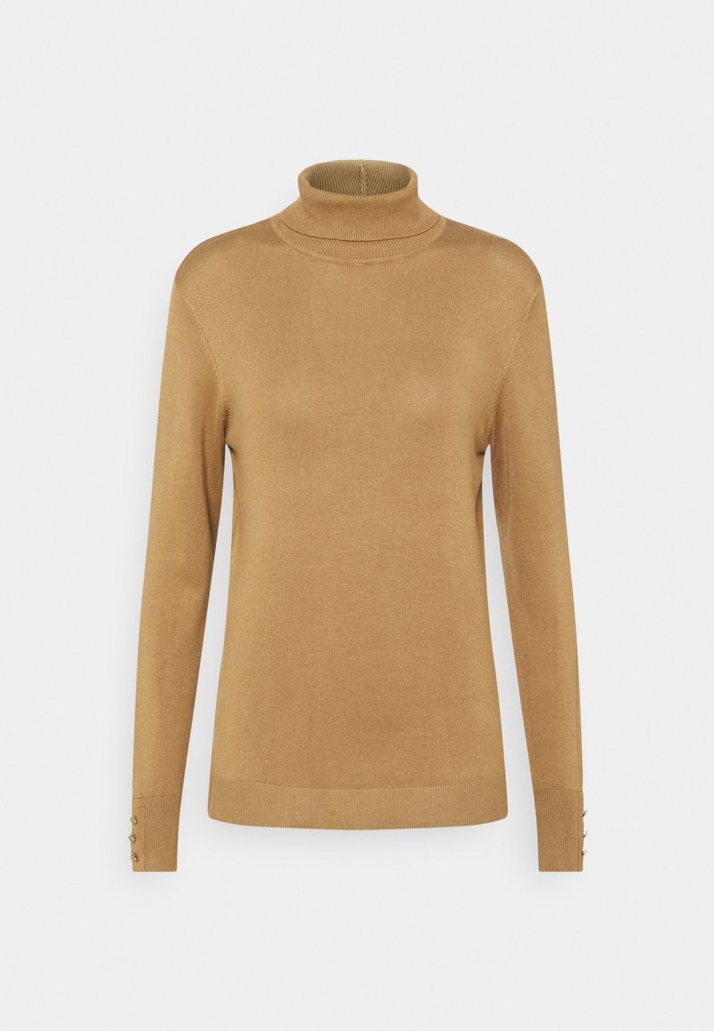 Brown turtleneck sweater made of soft, lightweight material. Features long sleeves and button accents at the cuff. Smooth texture and fitted design.