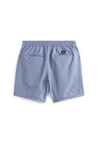 Jasnoniebieskie szorty kąpielowe z elastycznym pasem, z dwiema tylnymi kieszeniami i czarną metką marki po prawej stronie. Gładka faktura.