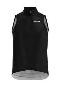 Zwarte mouwloze fietsvest met een hoge kraag, ritssluiting aan de voorkant en reflecterende accenten. Lichtgewicht, aerodynamische pasvorm met een gladde textuur.