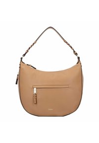 Borsa a spalla in pelle marrone chiaro con forma curva, tracolla intrecciata e tasca frontale con zip. Dettagli hardware in tonalità dorata e logo presente.
