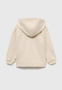 Felpa beige con una texture morbida, dotata di un grande cappuccio regolabile e polsini a costine. La vista posteriore mostra un design semplice e minimalista.