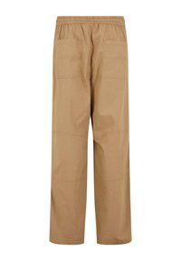 Beige wide-leg pants with an elastic waistband, featuring two back pockets and a smooth fabric texture. Visible seam detailing.