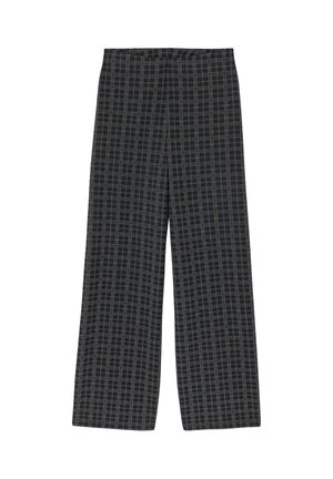 Pantalon à jambes larges avec un motif à carreaux noir et gris. Il comprend une taille élastique et un tissu doux et texturé.