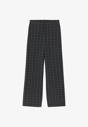 Pantalon à jambes larges avec un motif à carreaux noir et gris. Il comprend une taille élastique et un tissu doux et texturé.