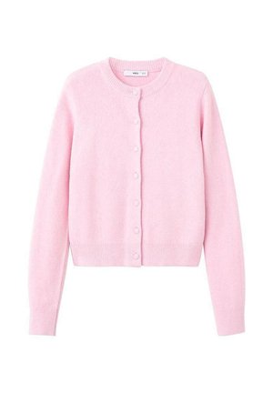 Cardigan corto rosa realizzato in tessuto morbido, con scollatura rotonda, bottoni frontali e polsini e orlo a coste.