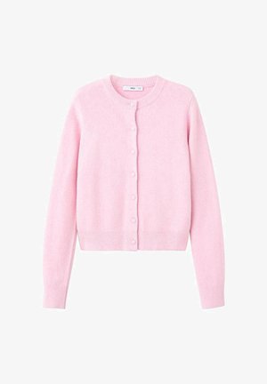 Cardigan corto rosa hecho de tela suave, con cuello redondo, botones frontales y puños y dobladillo acanalados.