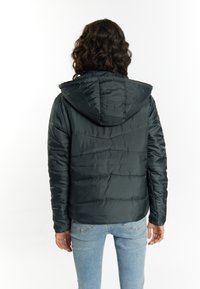 Îmbrăcăminte exterioară în nuanță de verde închis, cu umplutură și glugă, având un design cusut. Textură netedă și siluetă ajustată, văzută din spate.