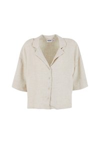 Šviesiai beige trumpomis rankovėmis marškiniai su apykakle, pagaminti iš tekstūruotos medžiagos, pasižymi laisvu siluetu ir subtiliu audimo raštu.