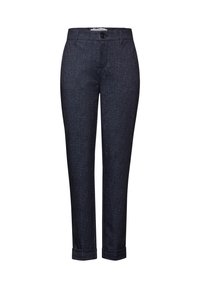 Mörkblå, skräddarsydda byxor med ett subtilt mönster. Har en knappstängning och upprullade fållar. Tillverkad av ett mjukt, slitstarkt tyg.