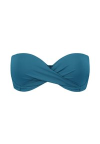 Top bikini bandeau teal con design a twist, texture liscia e senza spalline per un uso versatile. Adatto per varie attività in spiaggia.